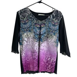 Cactus Shirt Womens Medium Purple Top Leopard V Neck Butterfly Sheer Ruffle